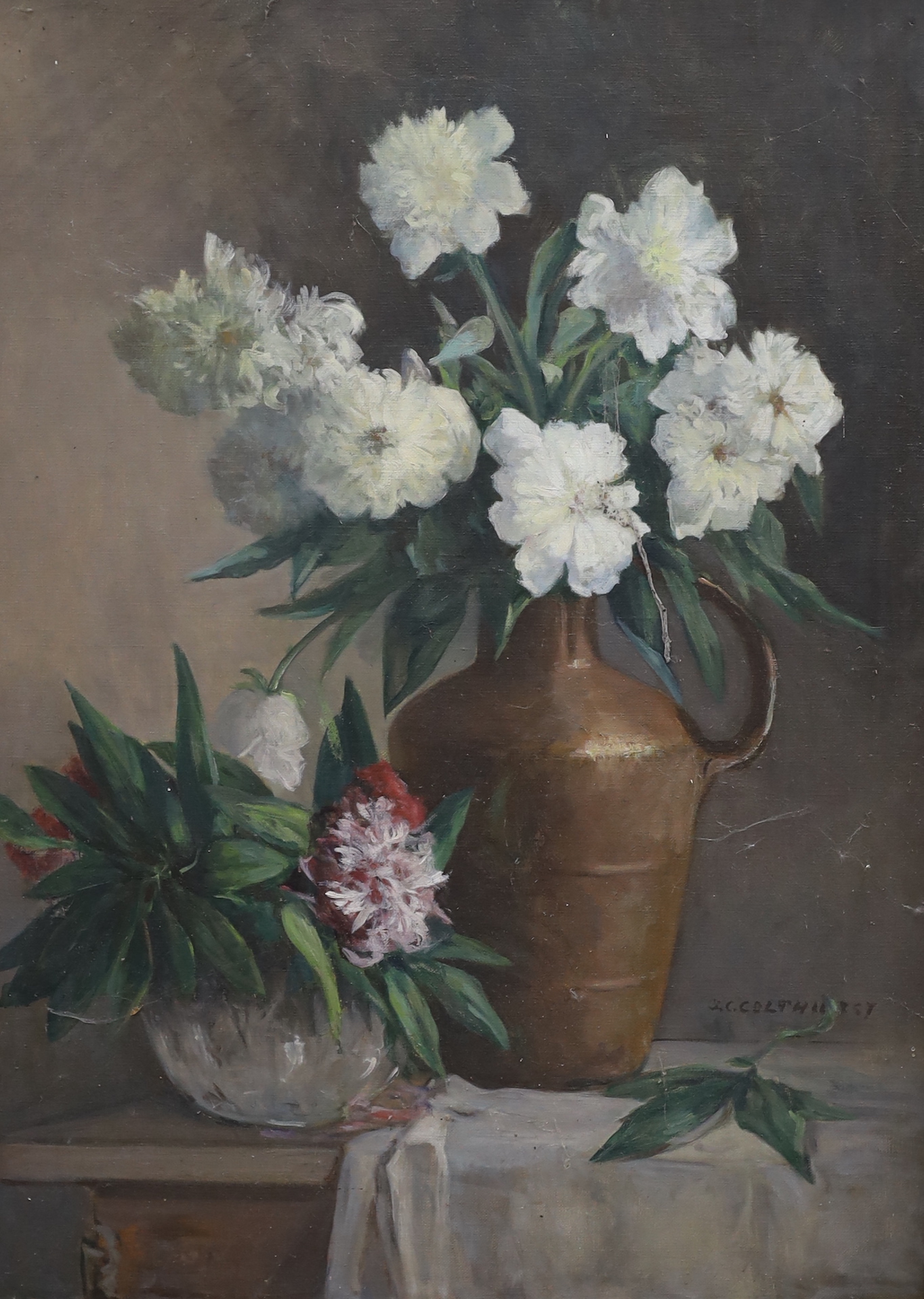 J.C.Bowen-Colthurst (b.1880), oil on canvas, Still life of peonies in vases, signed, 85 x 65cm